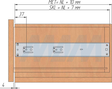 Схема установки шариковых направляющих VEKTOR BS45 PUSH-TO-OPEN высотой 45 мм полного выдвижения с толкателем, чертеж 3