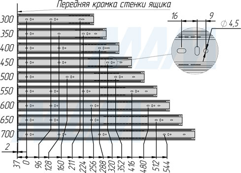 Присадочные размеры на ящик шариковых направляющих VEKTOR BS45 SOFT высотой 45 мм полного выдвижения с плавным закрыванием