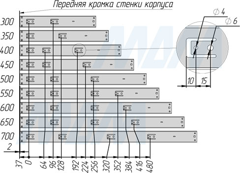 Присадочные размеры на корпус шариковых направляющих VEKTOR BS45 SOFT высотой 45 мм полного выдвижения с плавным закрыванием