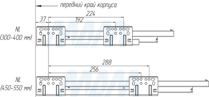 Присадочные размеры для направляющих при установке ящика M-TECH (артикул STR.HSD)