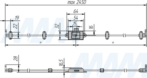 Размеры штанги и аксессуаров для выдвижного мебельного замка (артикул M85)